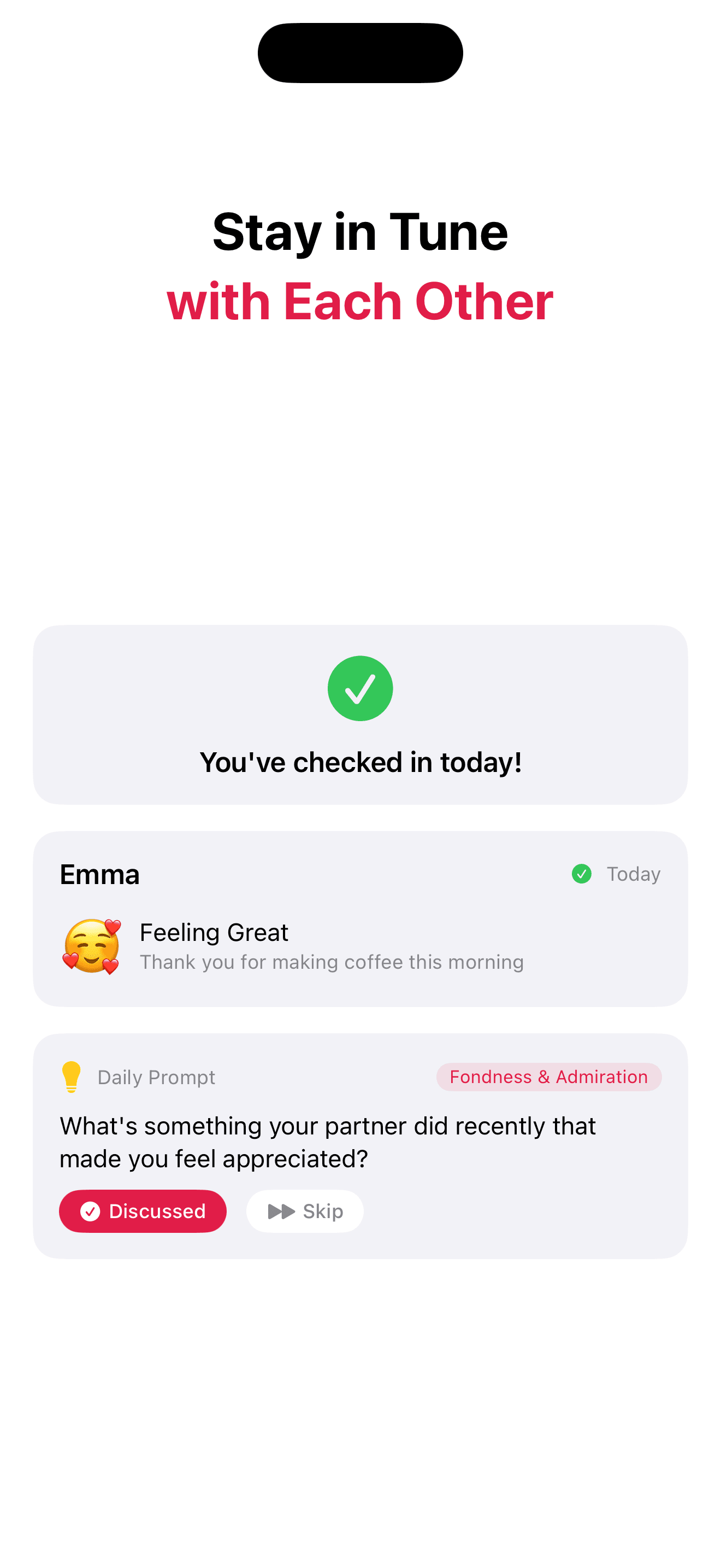 Attune app - Daily check-in screen